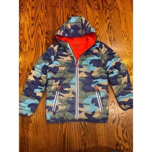 Boden Kids Camo Pack Away Puffer Jacket Hooded Orange‎ Size 11-12y